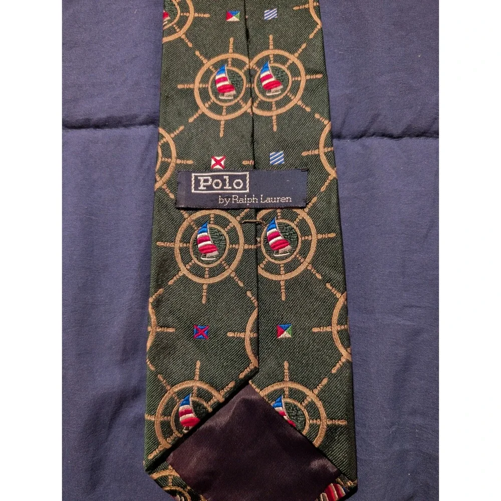 Polo Ralph Lauren Nautical Ship‎ Wheel Handmade Green Silk Tie Vintage 3.5x59